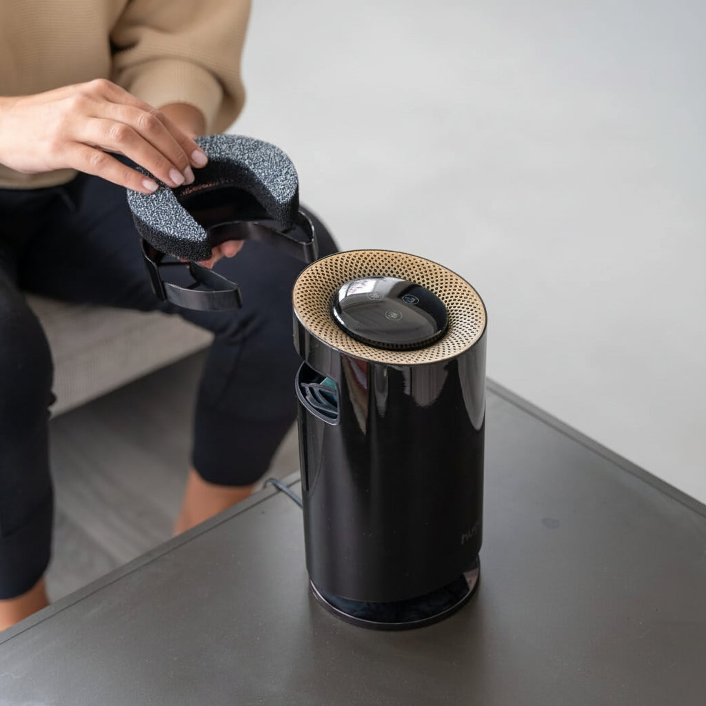 Person putting the Hugo Activated Carbon Replacement Filter into the Hugo 3-in-1 Air Purifier.