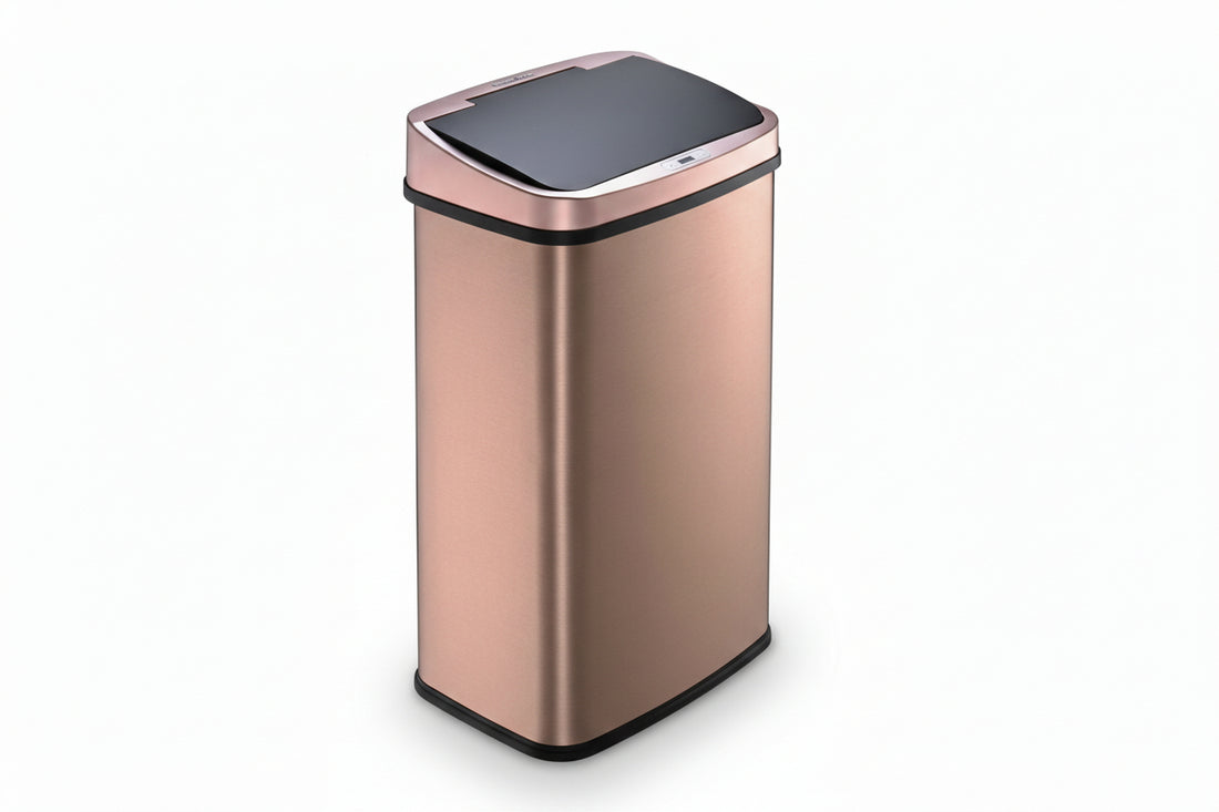 Gold Copper 13-Gallon Stainless Steel Kitchen Trash Can can with black lid on a white background