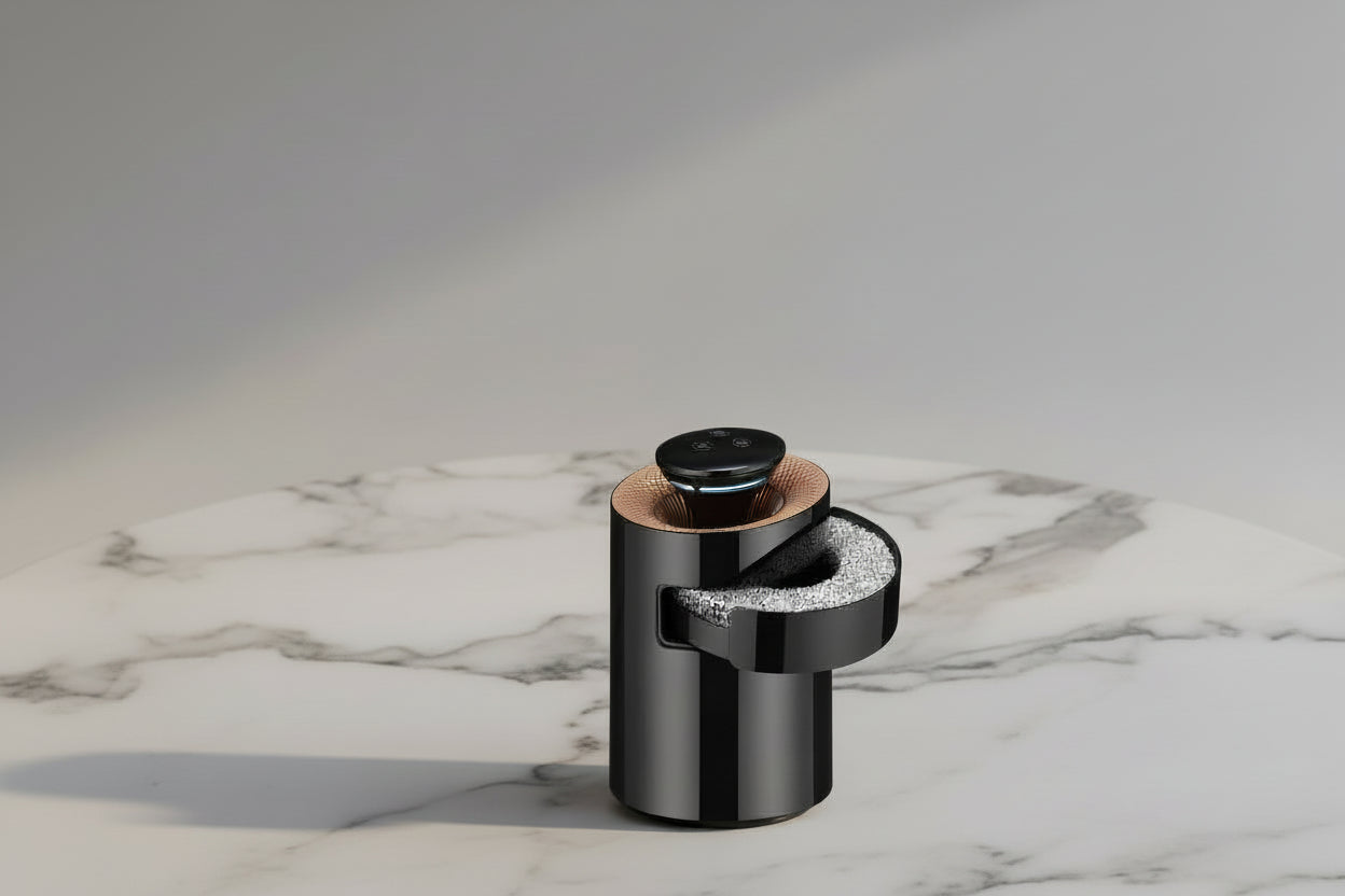 Hugo 3-in-1 Air Purifier open with a Hugo Activated Carbon Replacement Filter inside on a marbel table from a side view. 