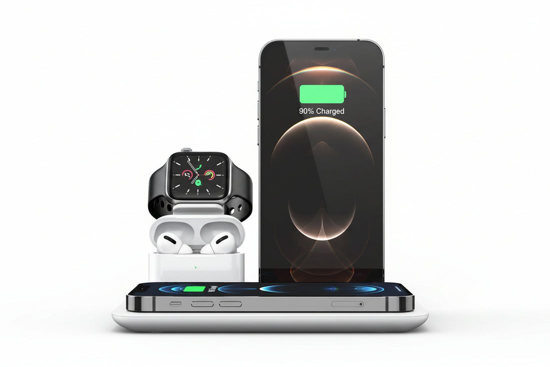 Trexonic 4 in 1 Fast Charge Wireless Charging Station in White with electronics charging on a white backround. 