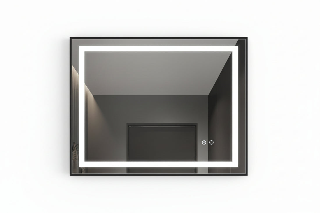Bathroom mirror with LED lighting on a gray wall